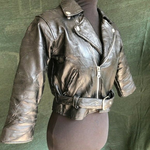 Vintage Diamond Plate Black Leather Crop Jacket Patchwork 3/4 Sleeve Size XS - Picture 2 of 6
